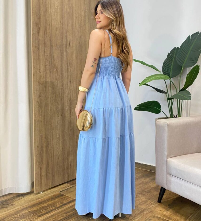 Vestido Feminino Longo Amanda com Bojo Alça Regulável Azul - Fernanda Ramos Store