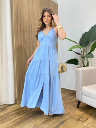 Vestido Feminino Longo Amanda com Bojo Alça Regulável Azul - Fernanda Ramos Store