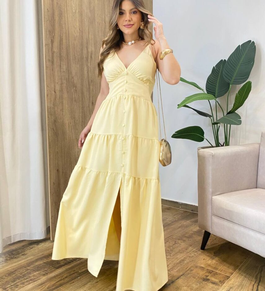 Vestido Feminino Longo Amanda com Bojo Alça Regulável Amarelo - Fernanda Ramos Store