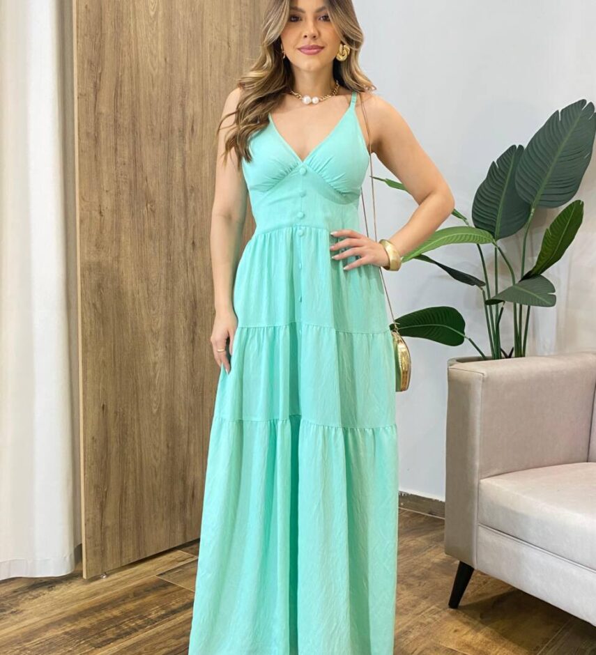 Vestido Feminino Longo Amanda com Bojo Alça Regulável Verde - Fernanda Ramos Store