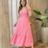 Vestido Feminino Longo Bley com Bojo Amarração nas Alças Rosa - Fernanda Ramos Store