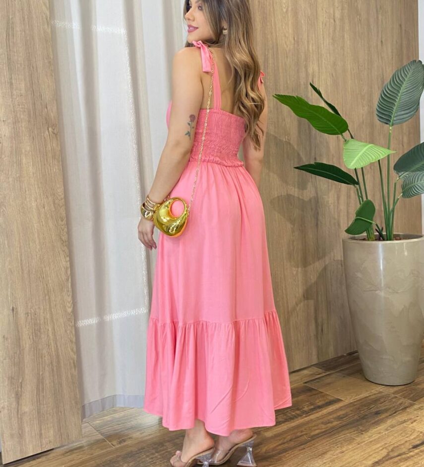 Vestido Feminino Longo Bley com Bojo Amarração nas Alças Rosa - Fernanda Ramos Store