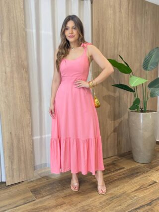 Vestido Feminino Longo Bley com Bojo Amarração nas Alças Rosa - Fernanda Ramos Store