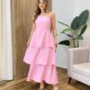 Vestido Feminino Longo Ísis com Bojo em Camadas Rosa - Fernanda Ramos Store