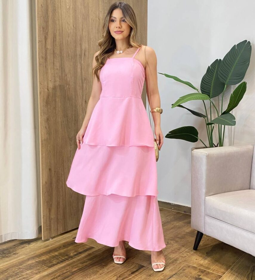 Vestido Feminino Longo Ísis com Bojo em Camadas Rosa - Fernanda Ramos Store