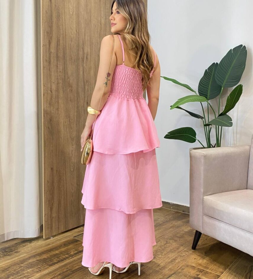 Vestido Feminino Longo Ísis com Bojo em Camadas Rosa - Fernanda Ramos Store