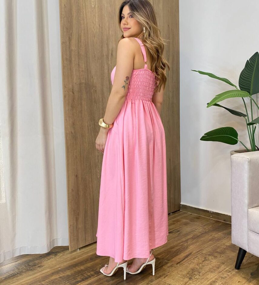 Vestido Feminino Longo Jamily com Bojo e Bolsos Laterais Rosa - Fernanda Ramos Store