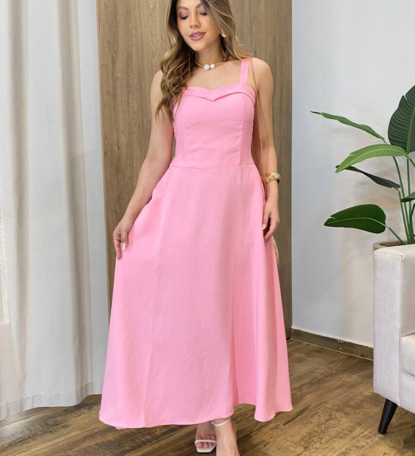 Vestido Feminino Longo Jamily com Bojo e Bolsos Laterais Rosa - Fernanda Ramos Store