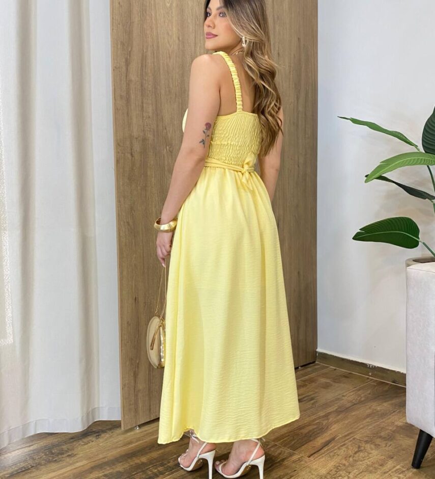 Vestido Feminino Longo Jozie com Bojo Amarração Orgânica Amarelo - Fernanda Ramos Store