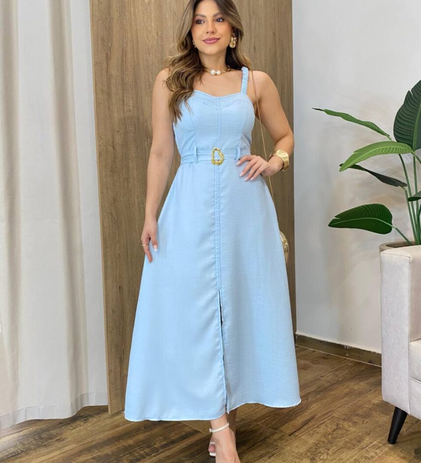 Vestido Feminino Longo Jozie com Bojo Amarração Orgânica Azul - Fernanda Ramos Store