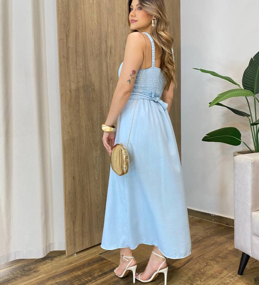 Vestido Feminino Longo Jozie com Bojo Amarração Orgânica Azul - Fernanda Ramos Store