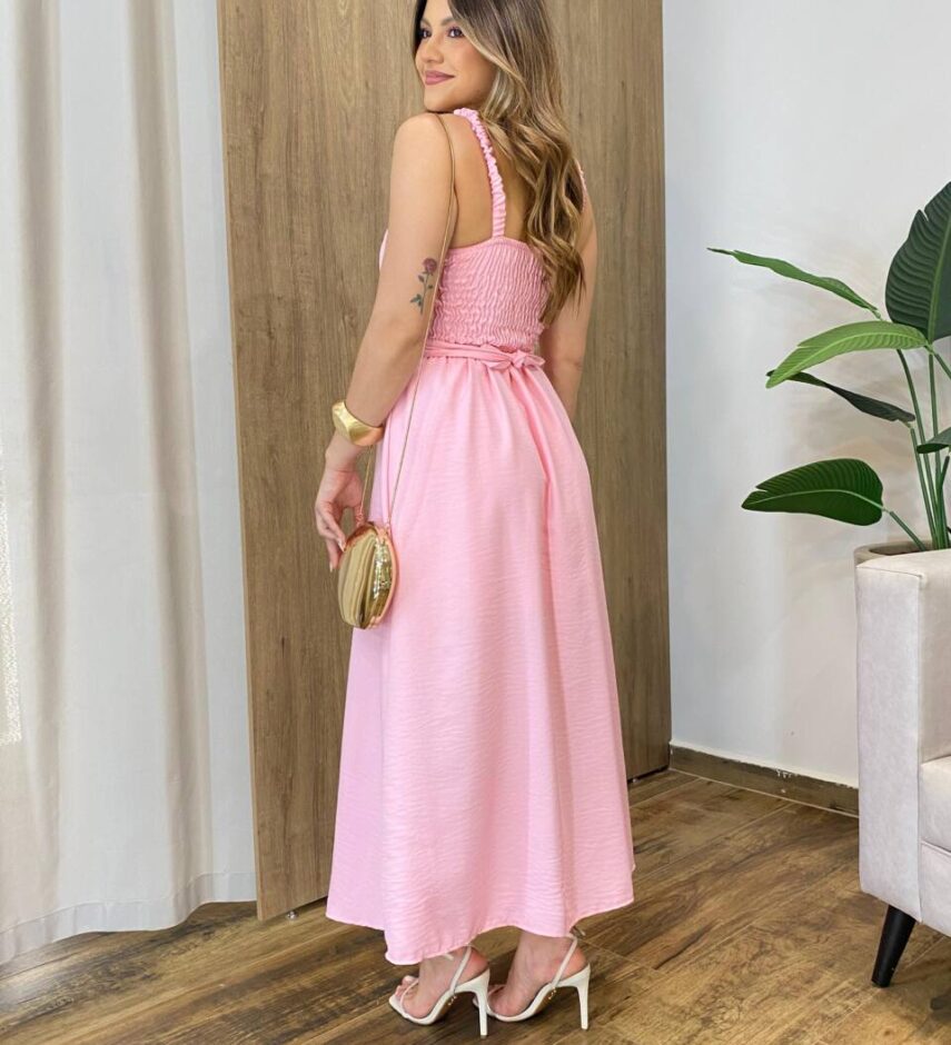 Vestido Feminino Longo Jozie com Bojo Amarração Orgânica Rosa - Fernanda Ramos Store