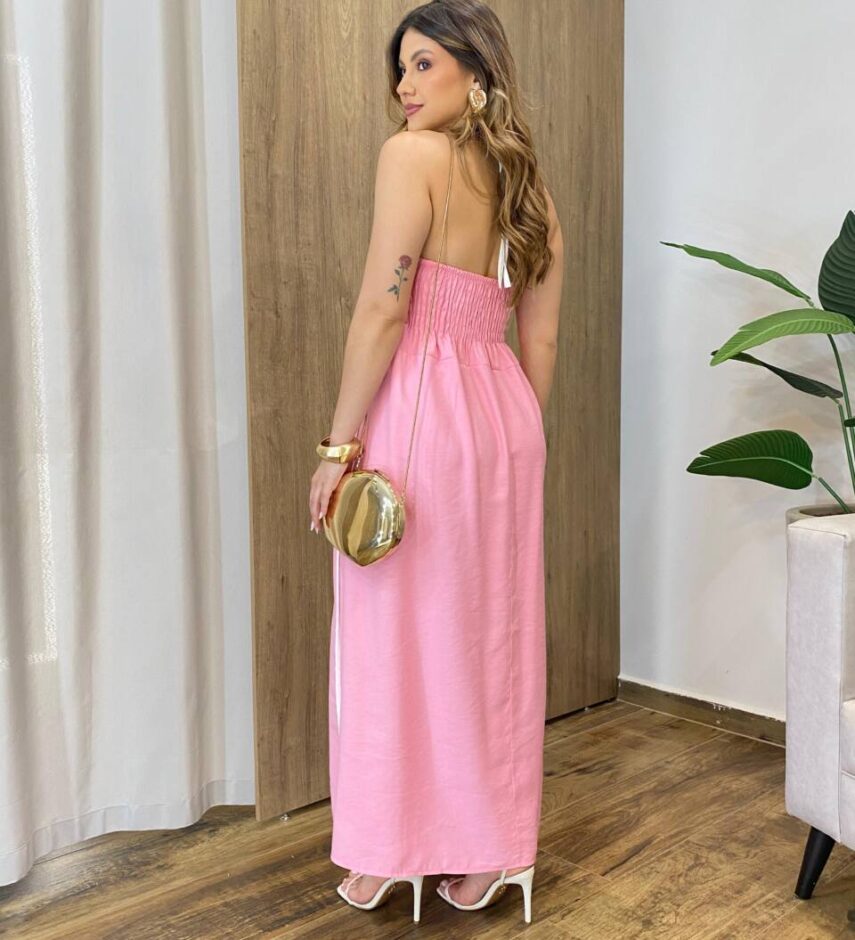 Vestido Feminino Longo Maju com Bojo Frente Única Rosa - Fernanda Ramos Store