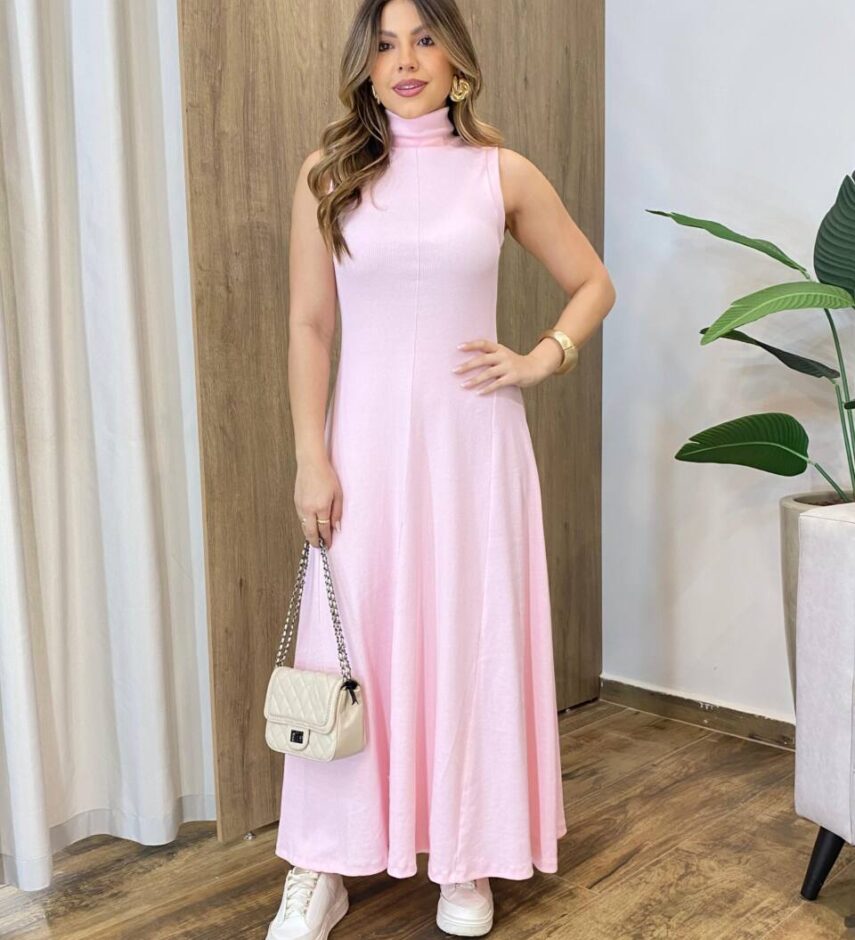 Vestido Feminino Longo Sol sem Bojo Canelado Gola Alta Rosa - Fernanda Ramos Store