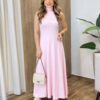 Vestido Feminino Longo Sol sem Bojo Canelado Gola Alta Rosa - Fernanda Ramos Store