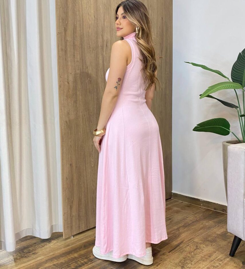 Vestido Feminino Longo Sol sem Bojo Canelado Gola Alta Rosa - Fernanda Ramos Store