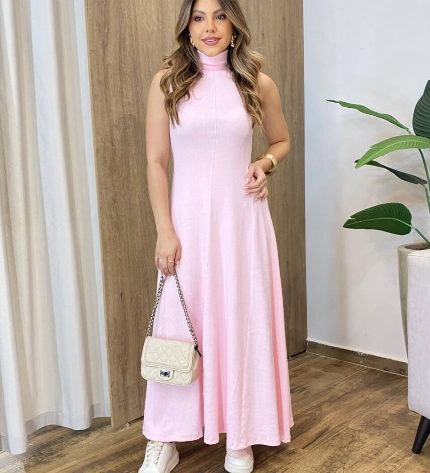 Vestido Feminino Longo Sol sem Bojo Canelado Gola Alta Rosa - Fernanda Ramos Store