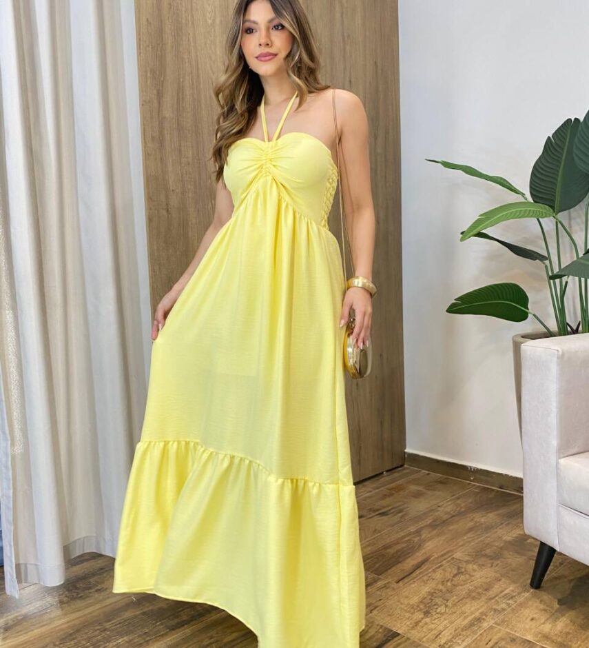Vestido Feminino Longo Thayla com Bojo Amarração Amarela - Fernanda Ramos Store