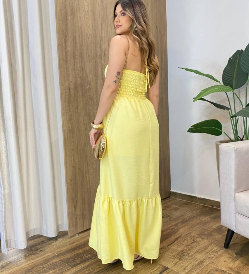 Vestido Feminino Longo Thayla com Bojo Amarração Amarela - Fernanda Ramos Store