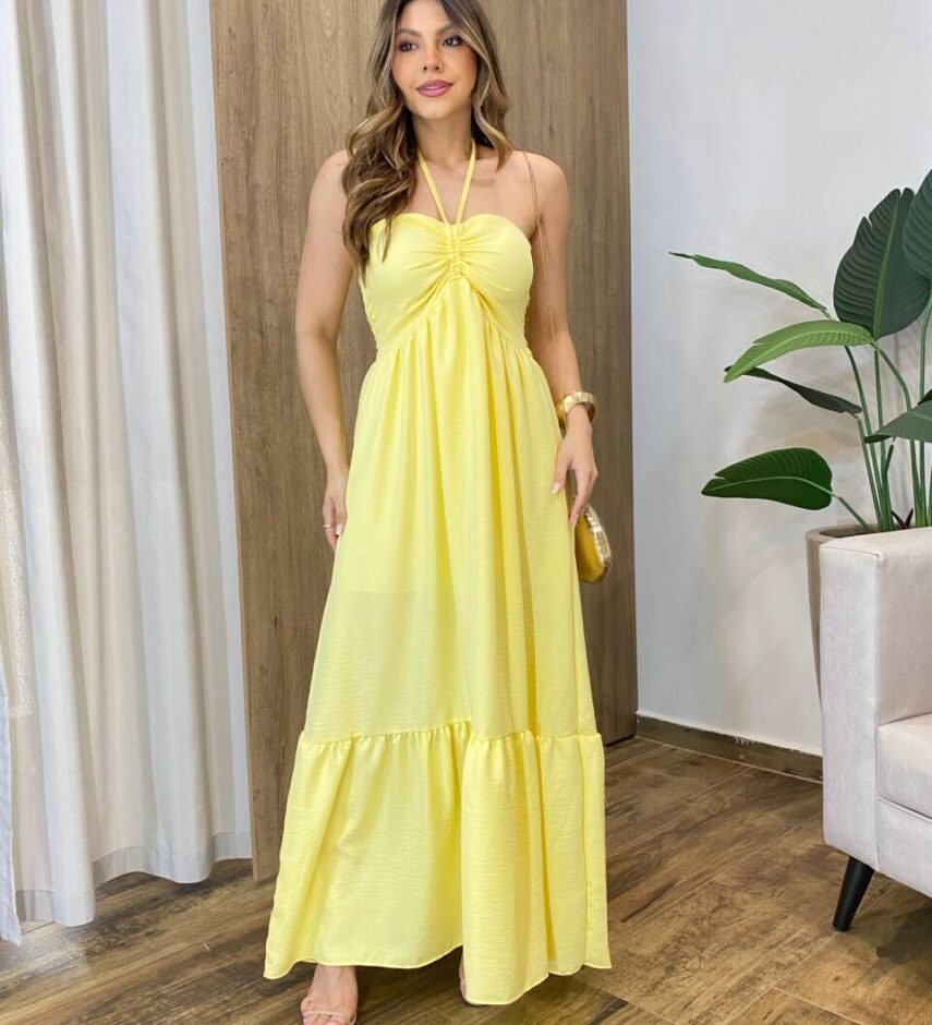 Vestido Feminino Longo Thayla com Bojo Amarração Amarela - Fernanda Ramos Store