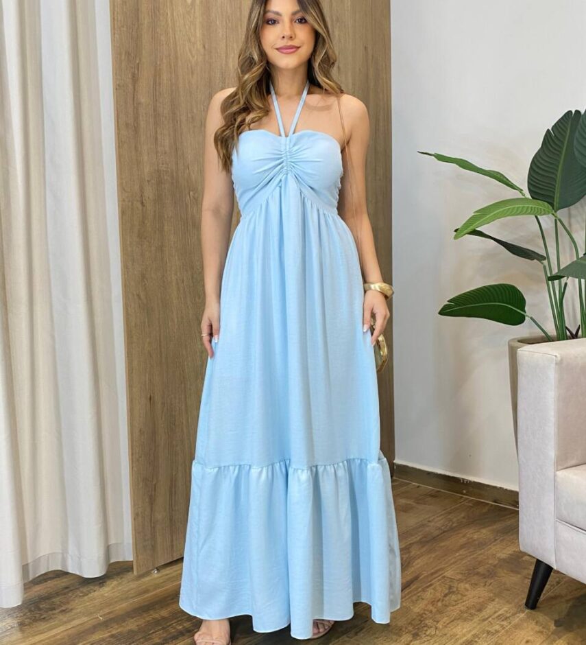 Vestido Feminino Longo Thayla com Bojo Amarração Azul - Fernanda Ramos Store