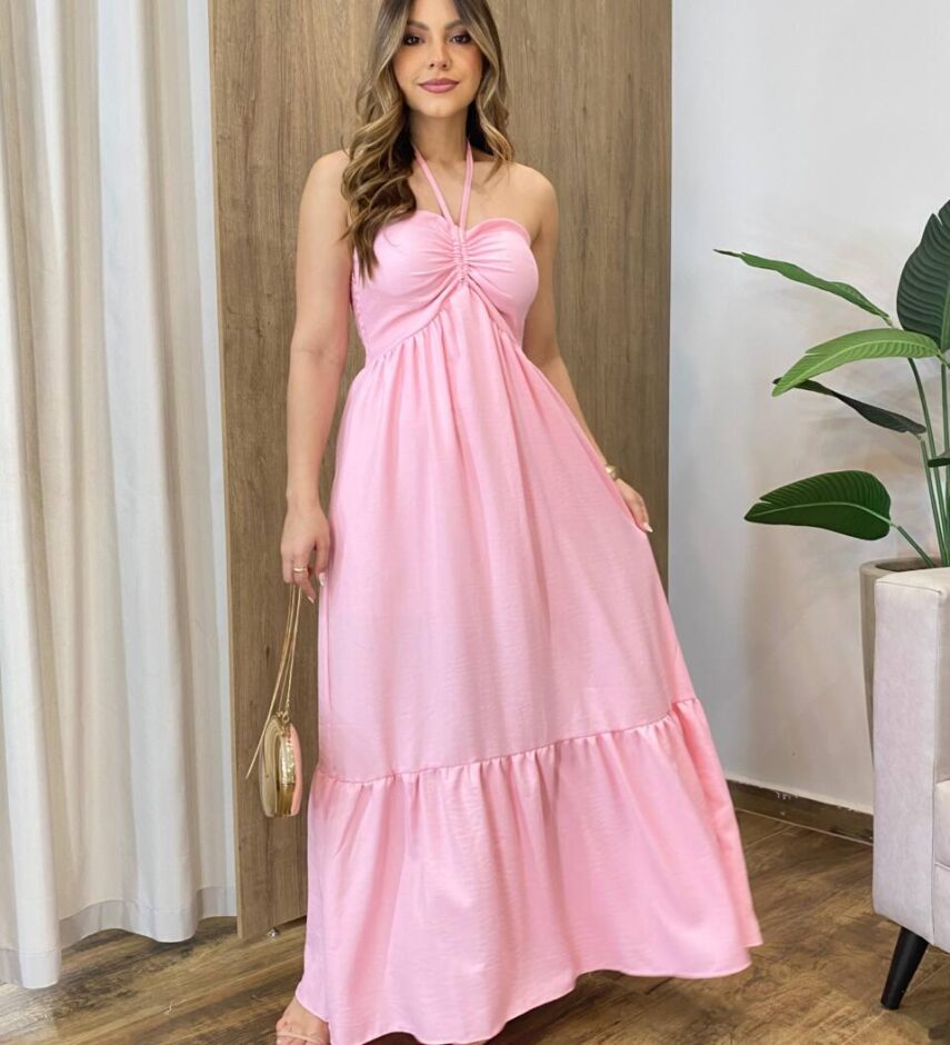 Vestido Feminino Longo Thayla com Bojo Amarração Rosa - Fernanda Ramos Store