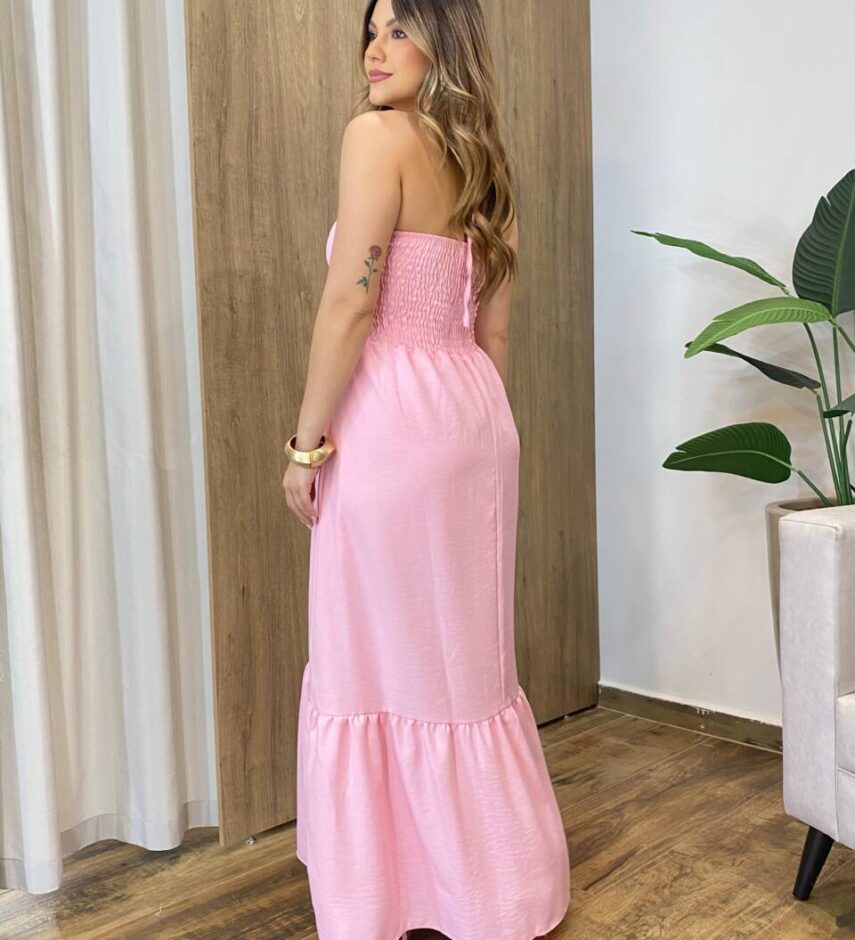 Vestido Feminino Longo Thayla com Bojo Amarração Rosa - Fernanda Ramos Store