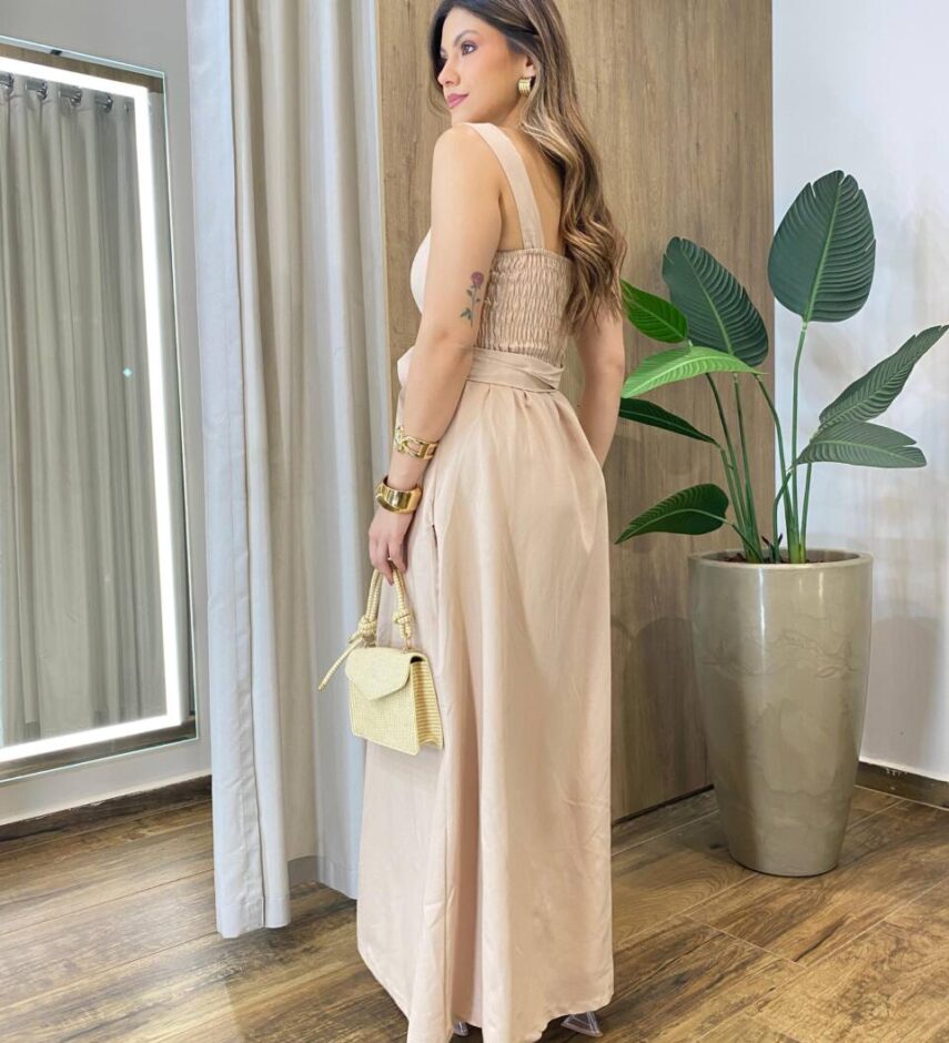 Vestido Feminino Mia Amarração Longo com Bojo e Botões Bege - Fernanda Ramos Store