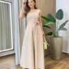 Vestido Feminino Mia Amarração Longo com Bojo e Botões Bege - Fernanda Ramos Store
