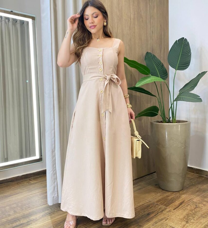 Vestido Feminino Mia Amarração Longo com Bojo e Botões Bege - Fernanda Ramos Store