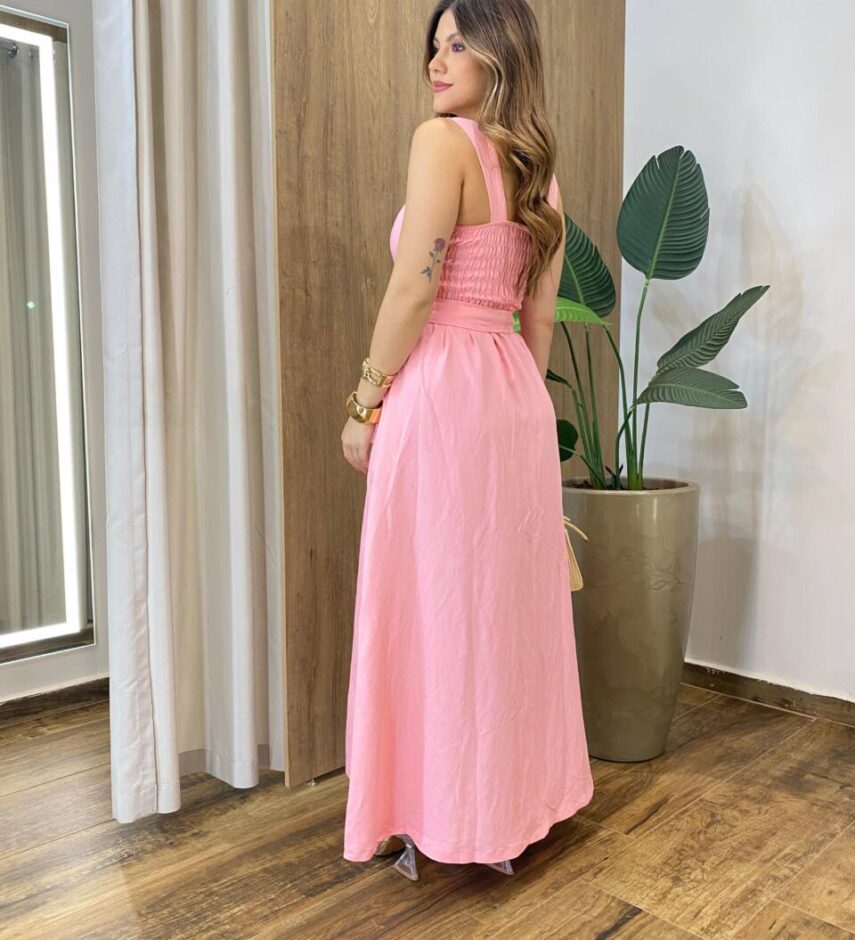 Vestido Feminino Mia Amarração Longo com Bojo e Botões Rosa - Fernanda Ramos Store