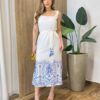 Vestido Feminino Midi Fundo Off White com Bordado Azul - Fernanda Ramos Store
