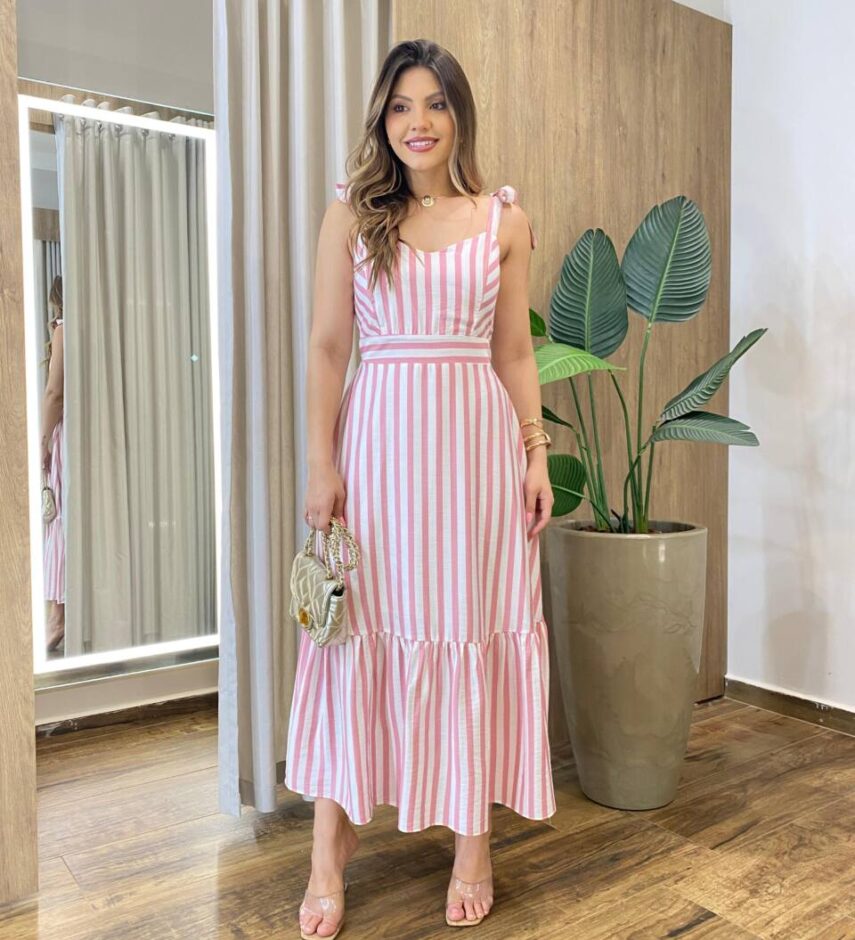 Vestido Freya Feminino com Bojo Listrado Rosa - Fernanda Ramos Store