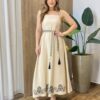 Vestido Longo Zoe sem Bojo Detalhe nas Alças e Amarração Bege - Fernanda Ramos Store