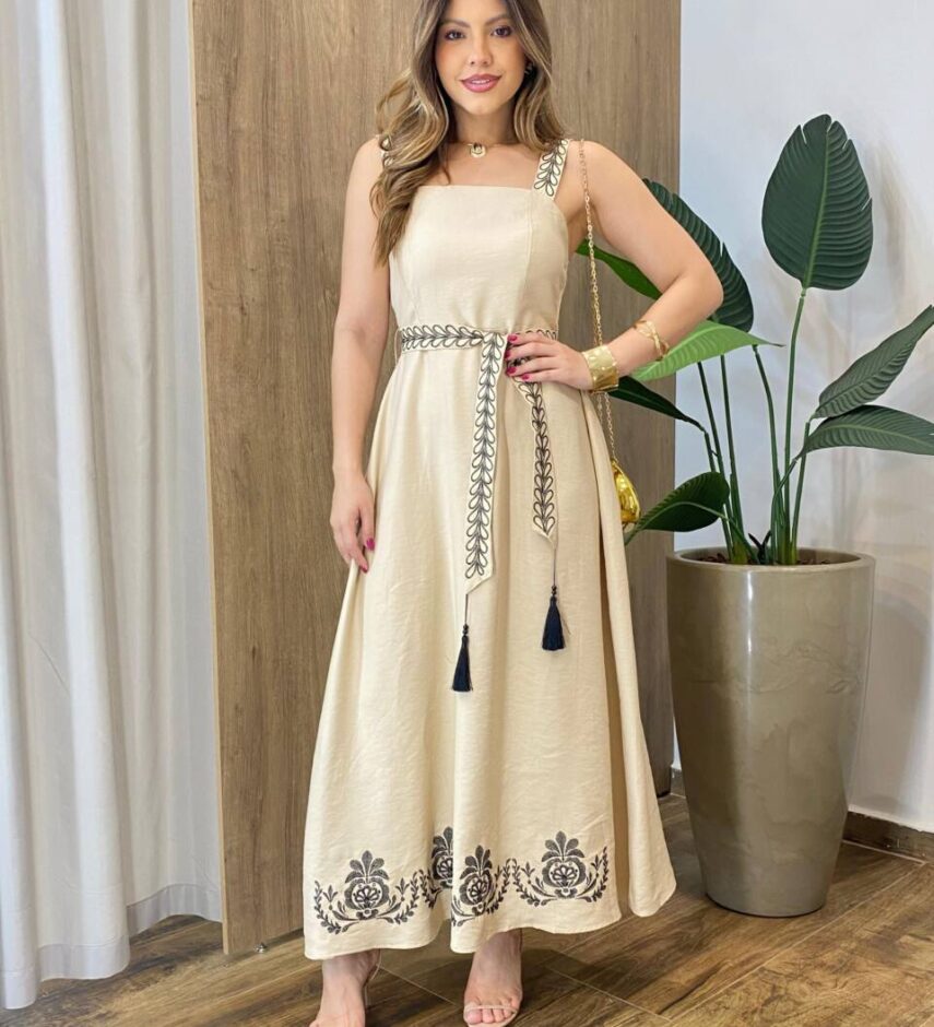 Vestido Longo Zoe sem Bojo Detalhe nas Alças e Amarração Bege - Fernanda Ramos Store