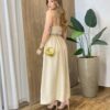 Vestido Longo Zoe sem Bojo Detalhe nas Alças e Amarração Bege - Fernanda Ramos Store