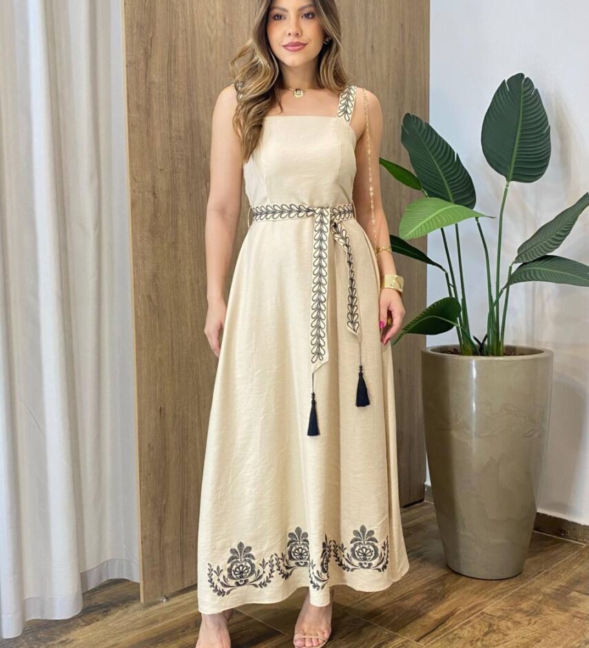 Vestido Longo Zoe sem Bojo Detalhe nas Alças e Amarração Bege - Fernanda Ramos Store
