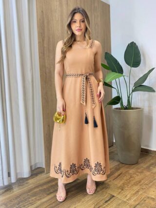 Vestido Longo Zoe sem Bojo Detalhe nas Alças e Amarração Caramelo - Fernanda Ramos Store