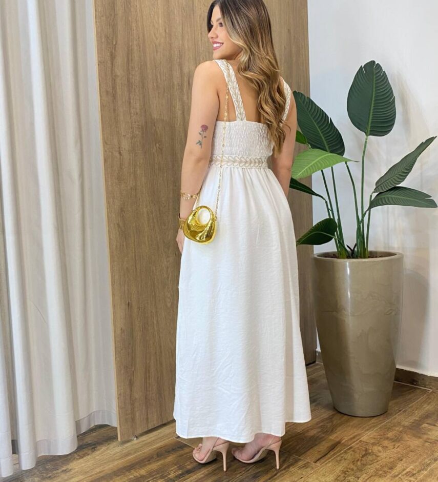 Vestido Longo Zoe sem Bojo Detalhe nas Alças e Amarração Off White - Fernanda Ramos Store