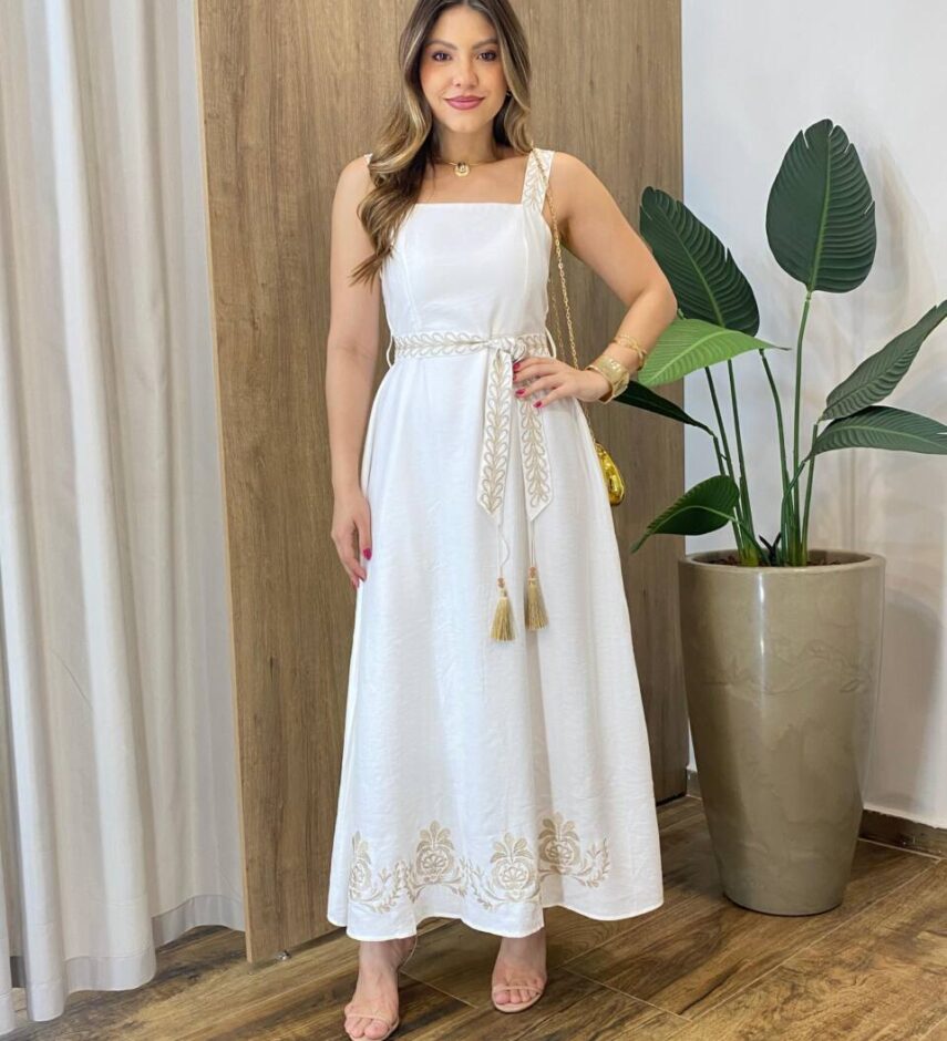 Vestido Longo Zoe sem Bojo Detalhe nas Alças e Amarração Off White - Fernanda Ramos Store