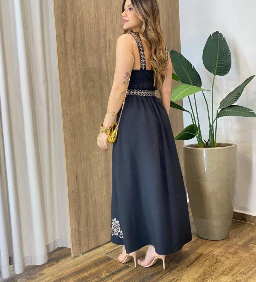 Vestido Longo Zoe sem Bojo Detalhe nas Alças e Amarração Preto - Fernanda Ramos Store