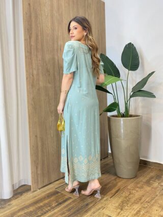 Vestido Manga Curta Feminino Indiano Bordado Dourado Verde - Fernanda Ramos Store
