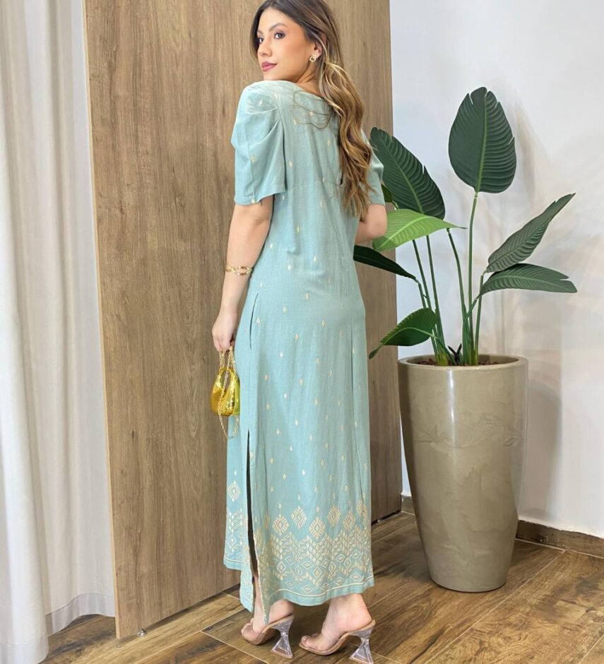 Vestido Manga Curta Feminino Indiano Bordado Dourado Verde - Fernanda Ramos Store