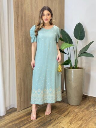 Vestido Manga Curta Feminino Indiano Bordado Dourado Verde - Fernanda Ramos Store