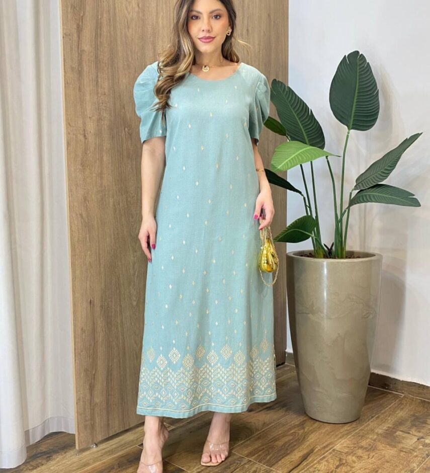 Vestido Manga Curta Feminino Indiano Bordado Dourado Verde - Fernanda Ramos Store