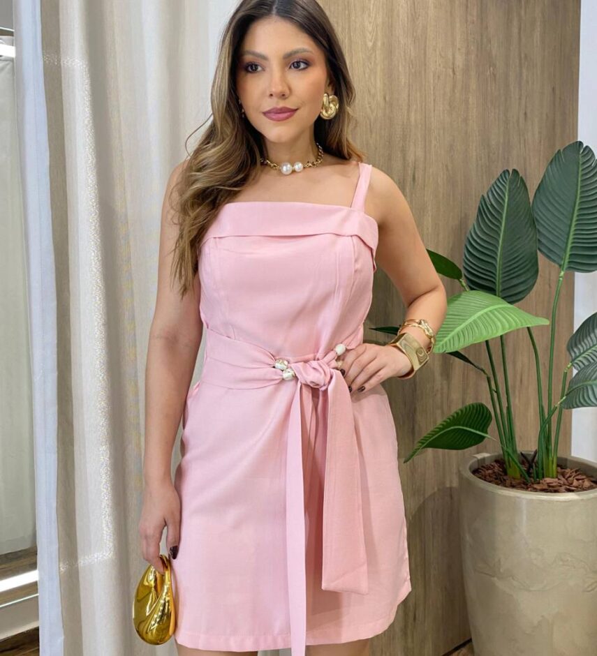 Vestido Mia Curto sem Bojo com Amarração e Detalhes Rosa - Fernanda Ramos Store