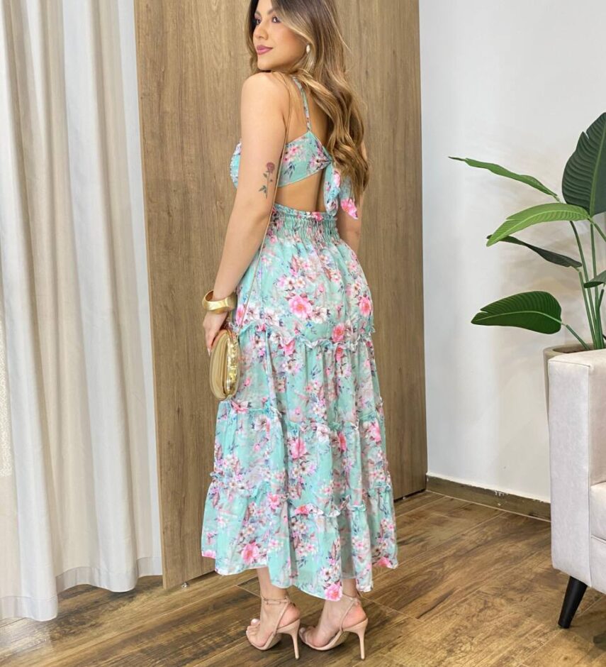 Vestido Midi Eloá com Bojo Amarração nas Costas Floral Verde - Fernanda Ramos Store