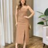 Vestido Midi Maria Alice sem Bojo Abertura Frontal Chocolate - Fernanda Ramos Store