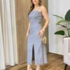 Vestido Midi Maria Alice sem Bojo Abertura Frontal Cinza - Fernanda Ramos Store