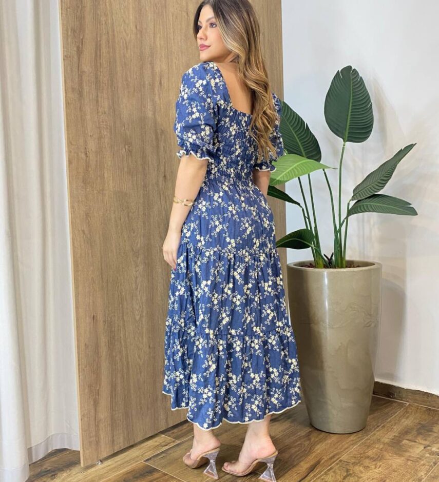 Vestido Midi sem Bojo Jade Tricoline com Bordado Azul - Fernanda Ramos Store